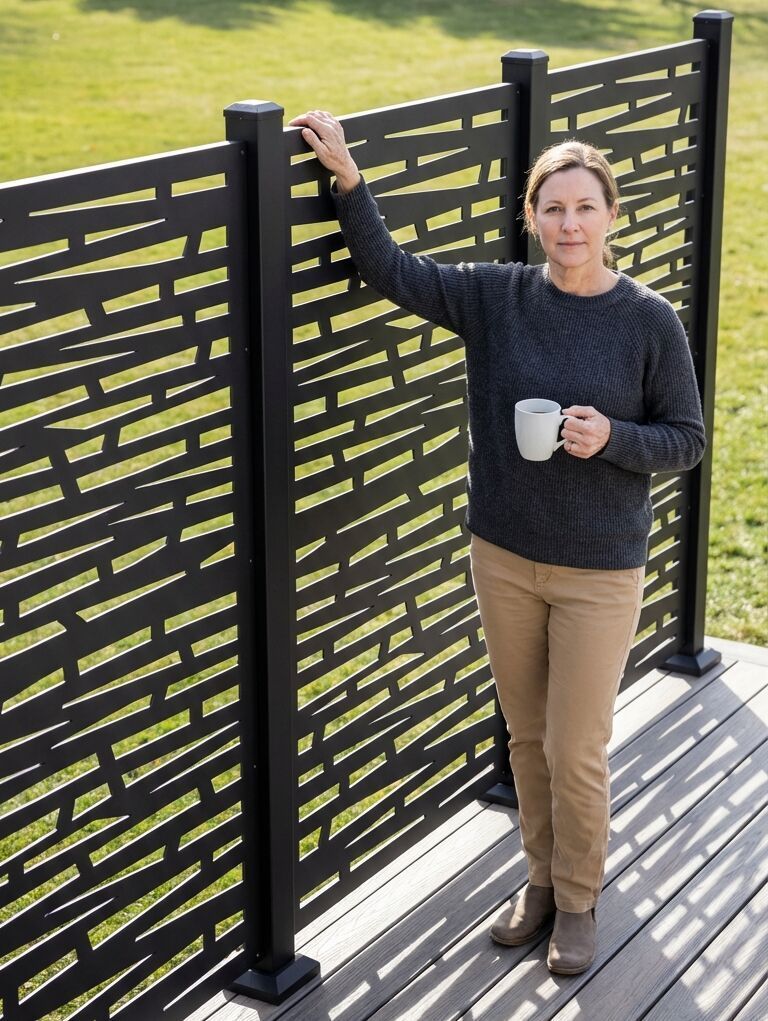 Signal aluminum privacy panel for stylish backyard screening when you want your morning coffee.