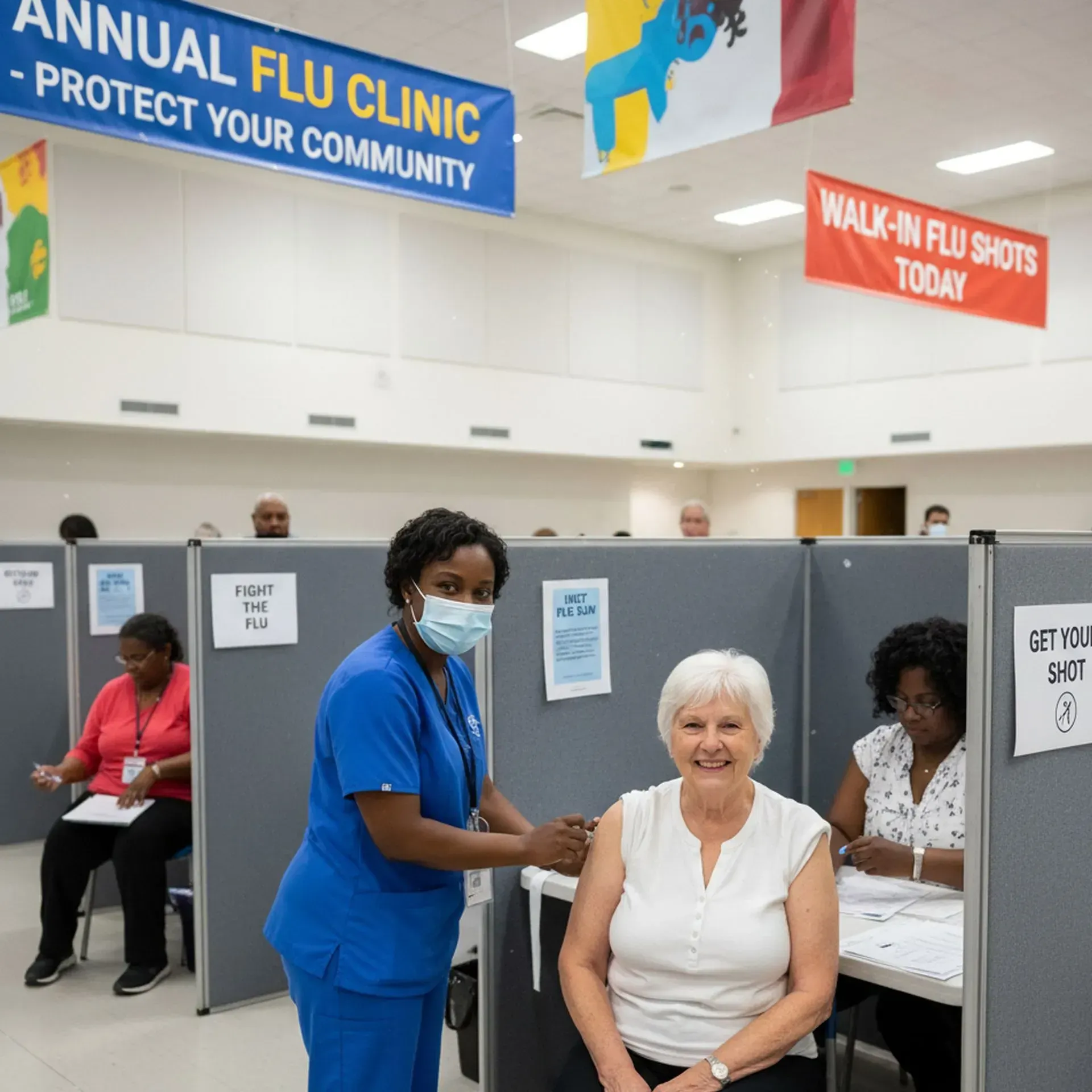 Nurse giving flu shot to a woman at a clinic. Signs say