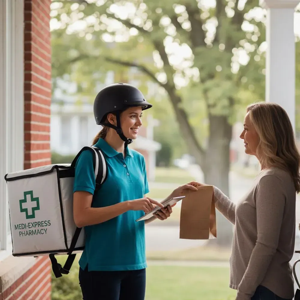 Delivery person in helmet handing a brown bag to a woman on a porch.