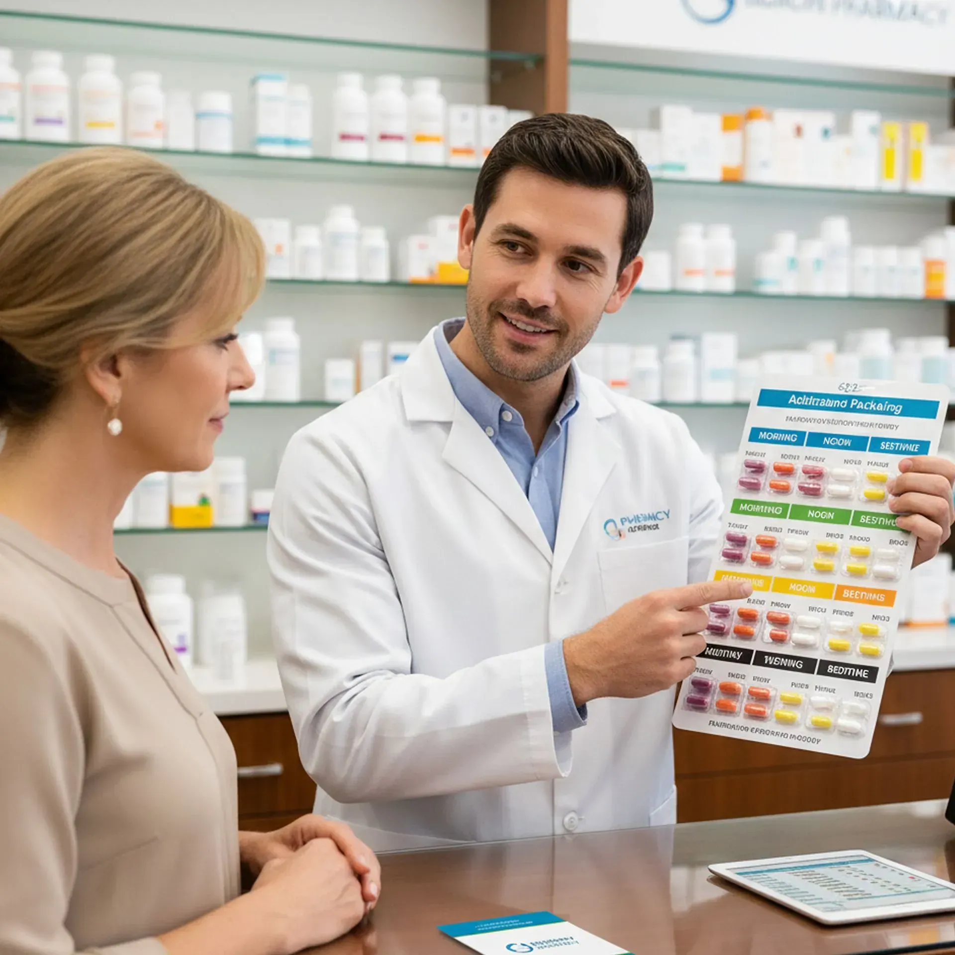 Pharmacist showing a patient a pill organizer chart at a pharmacy counter.