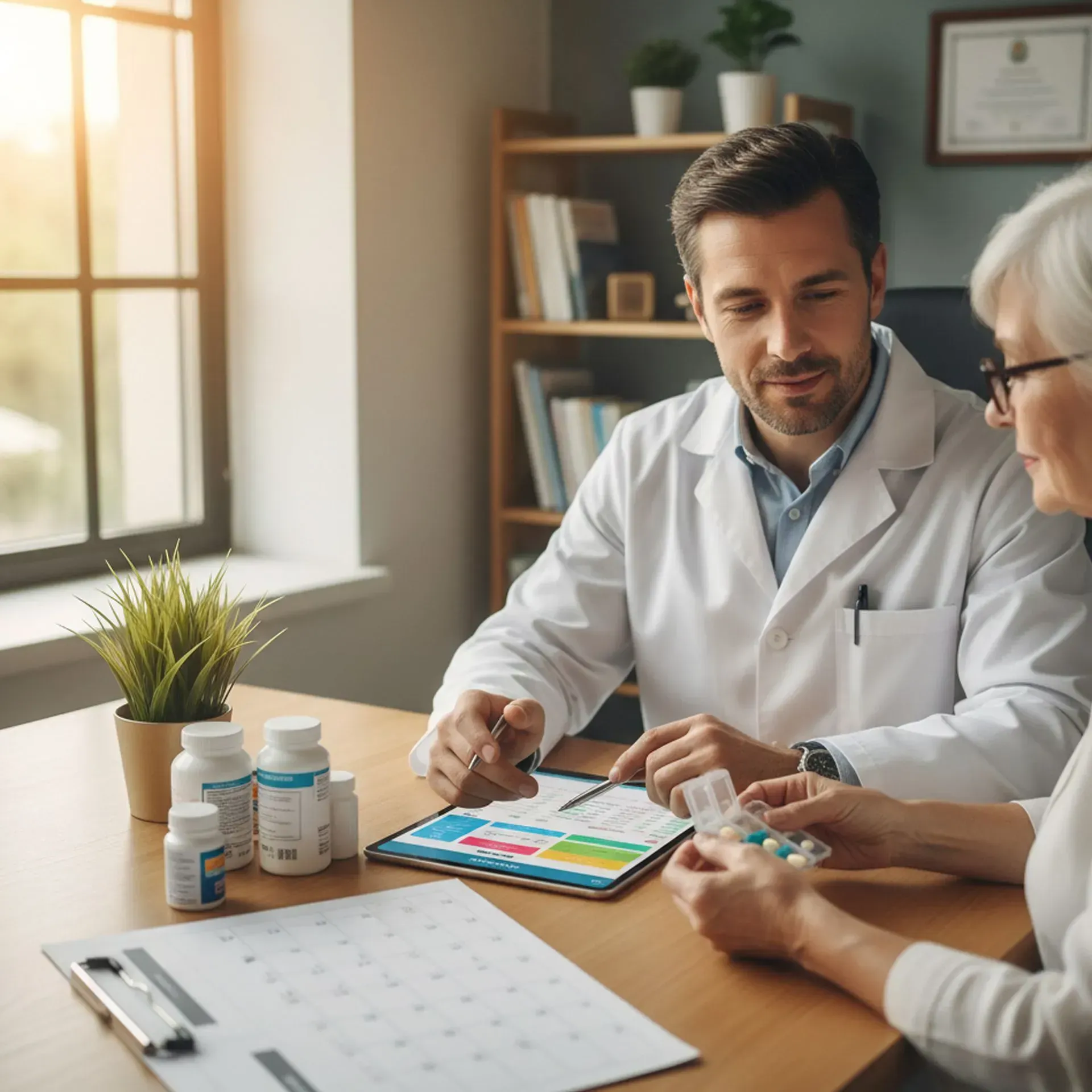 Doctor reviewing medication with a patient at a desk; pills and prescription bottles are visible.