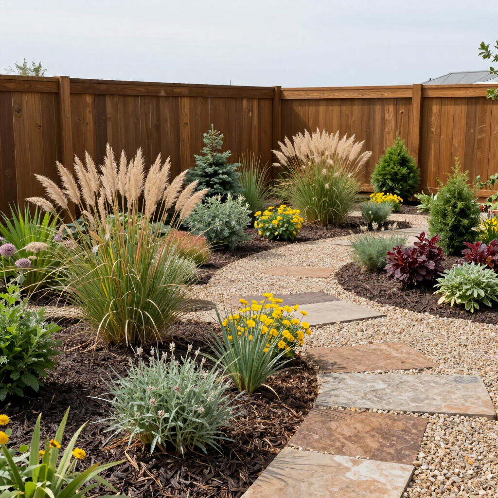 A garden with red and orange flowers being watered by a hose on a sunny day.
