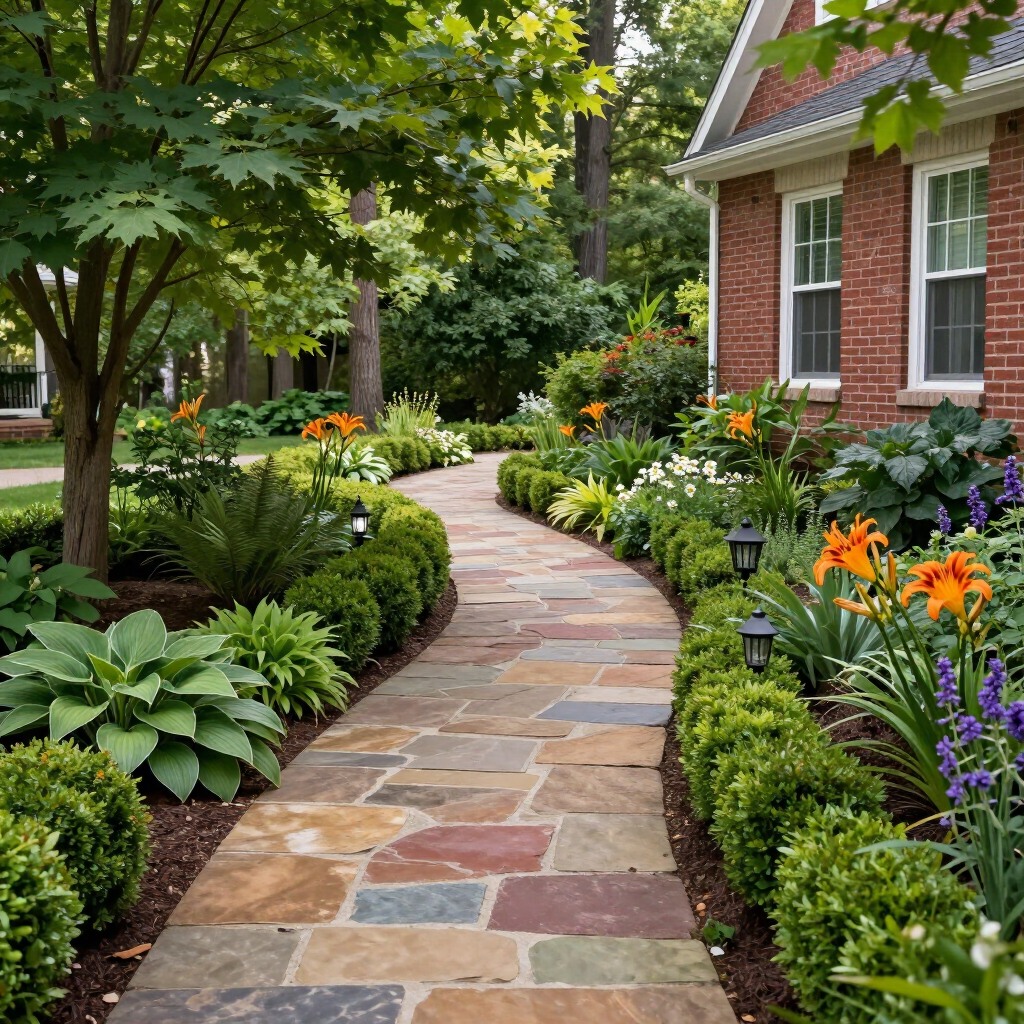 Curved stone garden path beside a brick house, lined with lush greenery and orange flowers