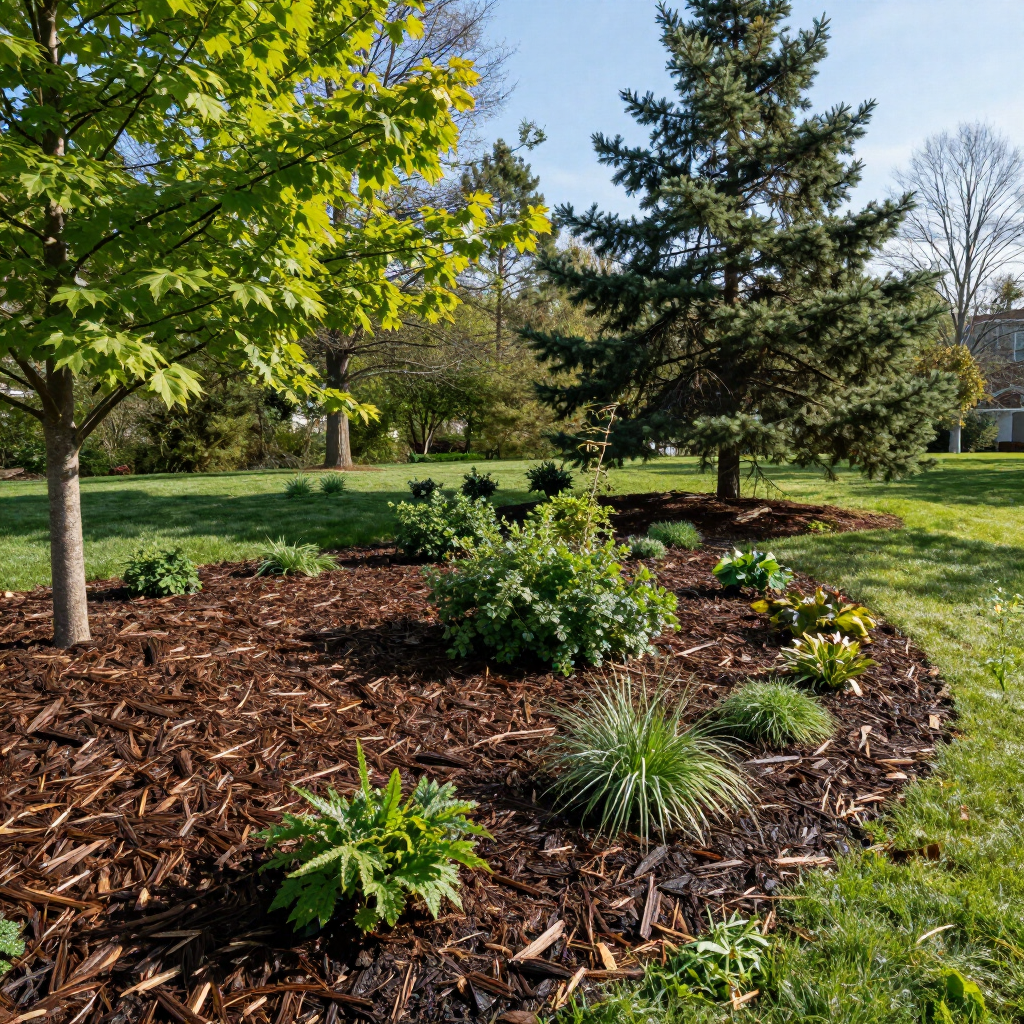 Landscaped garden bed with mulch, green shrubs, and trees in a sunny park.