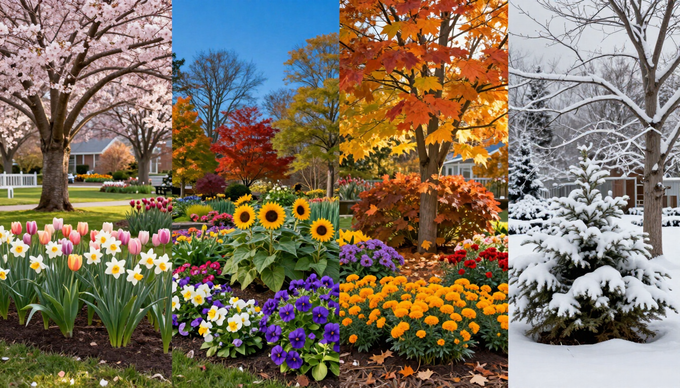 Four-season garden collage: spring blossoms, summer flowers, autumn foliage, and a snowy winter tree.