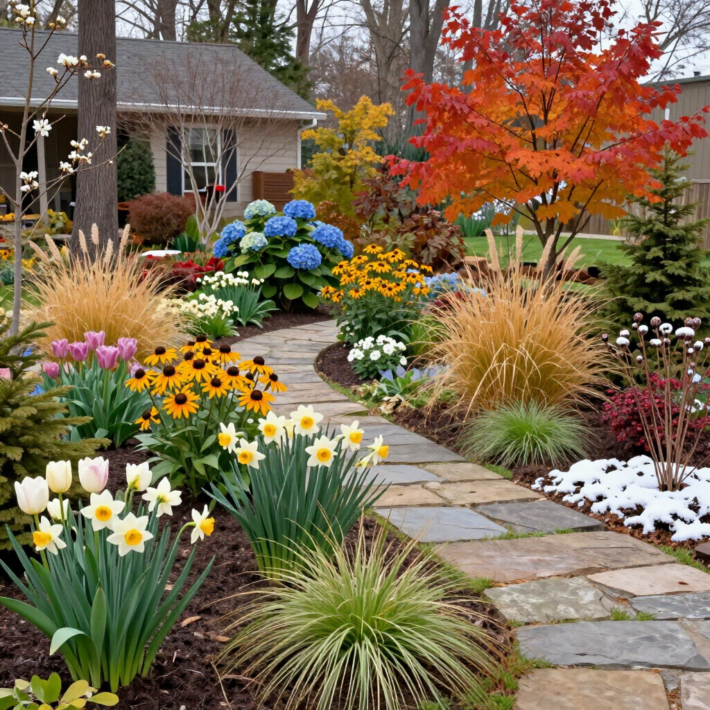 Four-season garden collage: spring blossoms, summer flowers, autumn foliage, and a snowy winter tree.