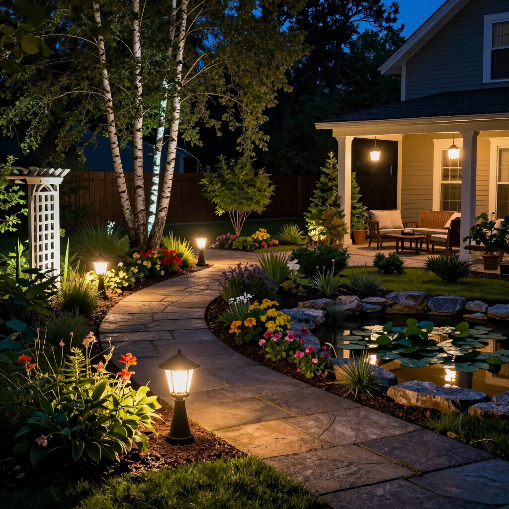 Illuminated garden path curving past flowers and a lit porch beside a pond at dusk