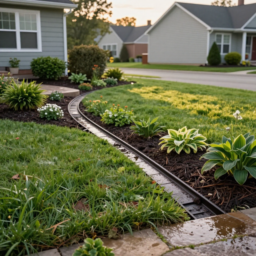 A garden with red and orange flowers being watered by a hose on a sunny day.