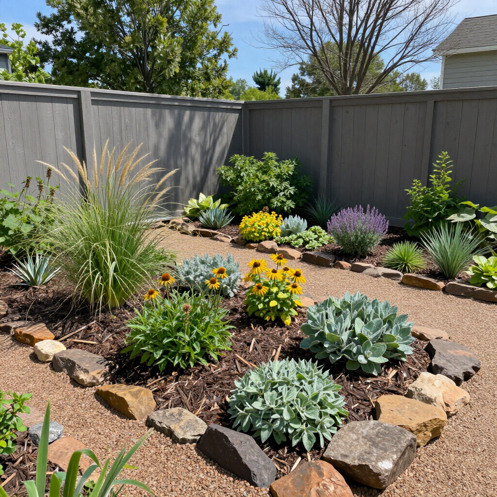 Landscaped backyard with succulents, ornamental grasses, and decorative rocks beside a gray fence.