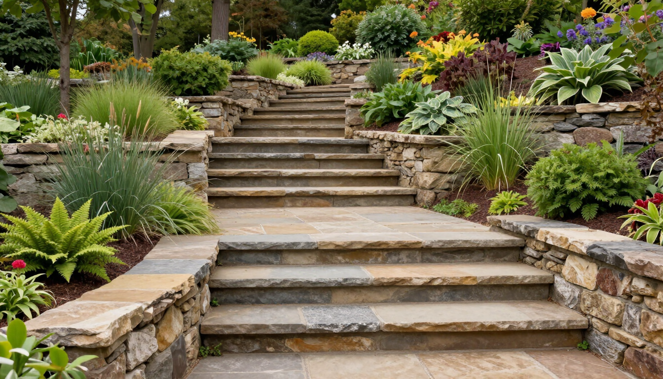 Stone garden steps bordered by lush green plants and flowers