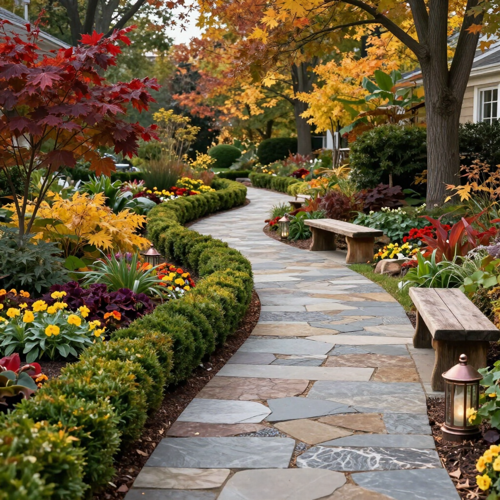 Curved stone garden path bordered by colorful autumn flowers, shrubs, and trees with a lantern and benches