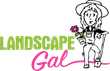 Landscape Gal logo: Cartoon woman in overalls holding a flower pot, leaning on a gardening tool.