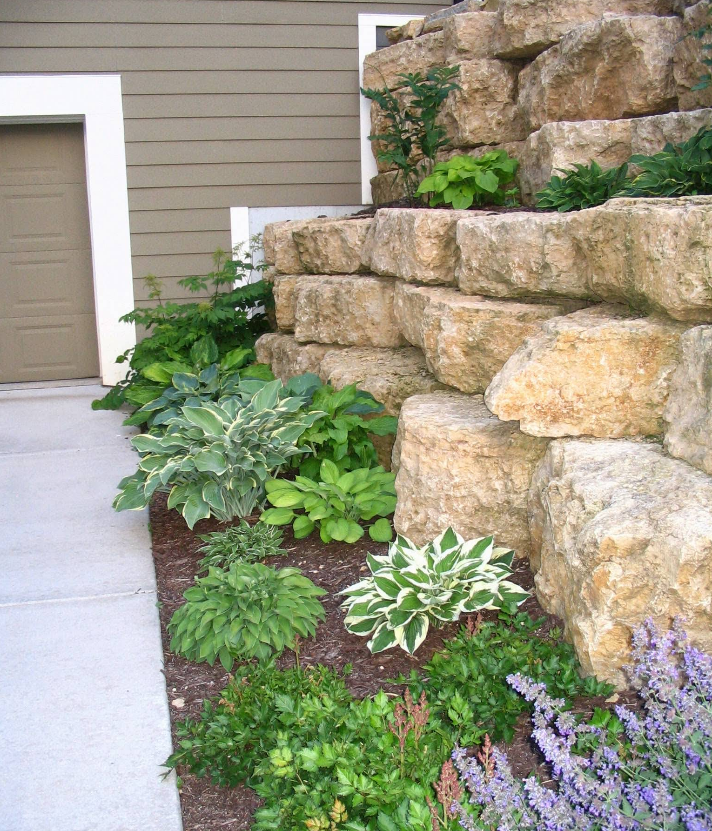 Stone retaining wall with lush green and purple plants next to a garage door.