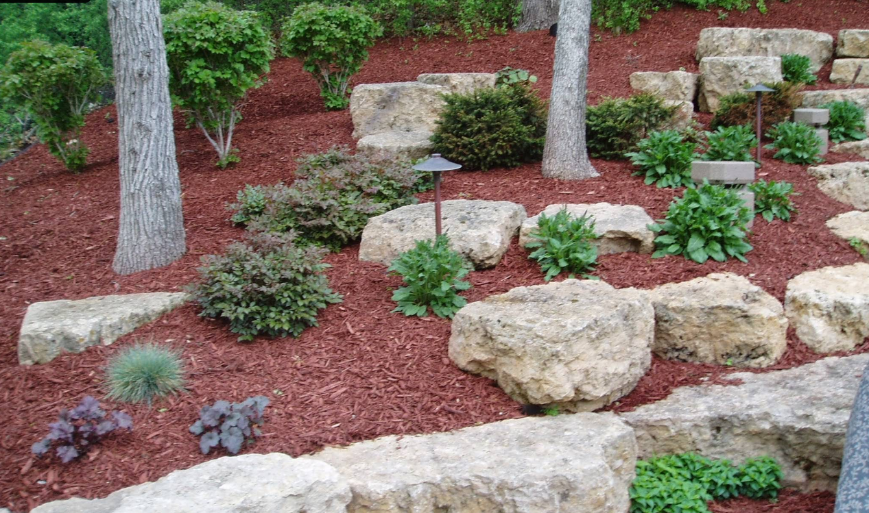 Landscaped garden with red mulch, large rocks, green bushes, and trees.