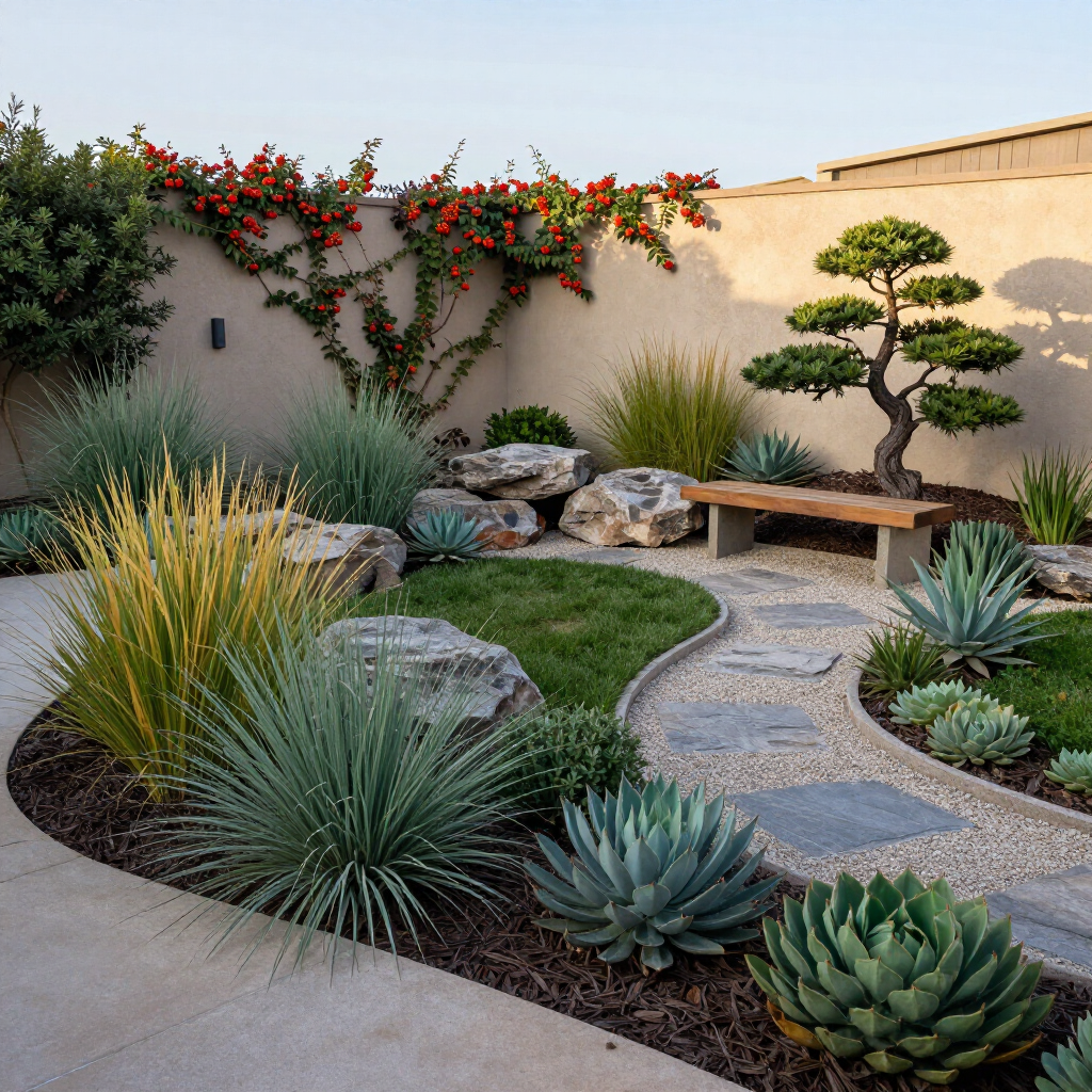 Desert garden with succulents, rocks, a curving path, and a small bench against a stucco wall with flowering vines