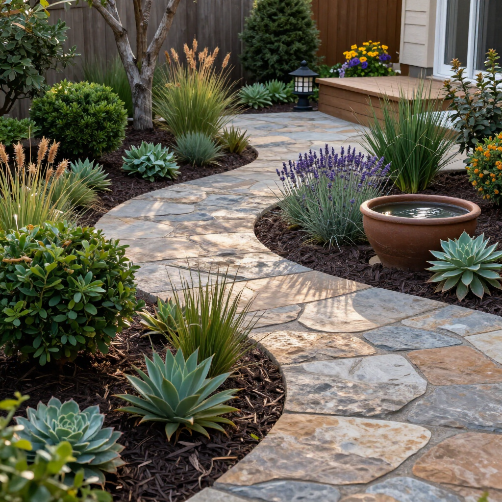 Curved stone garden path with succulents, lavender, and a terracotta birdbath in a landscaped yard