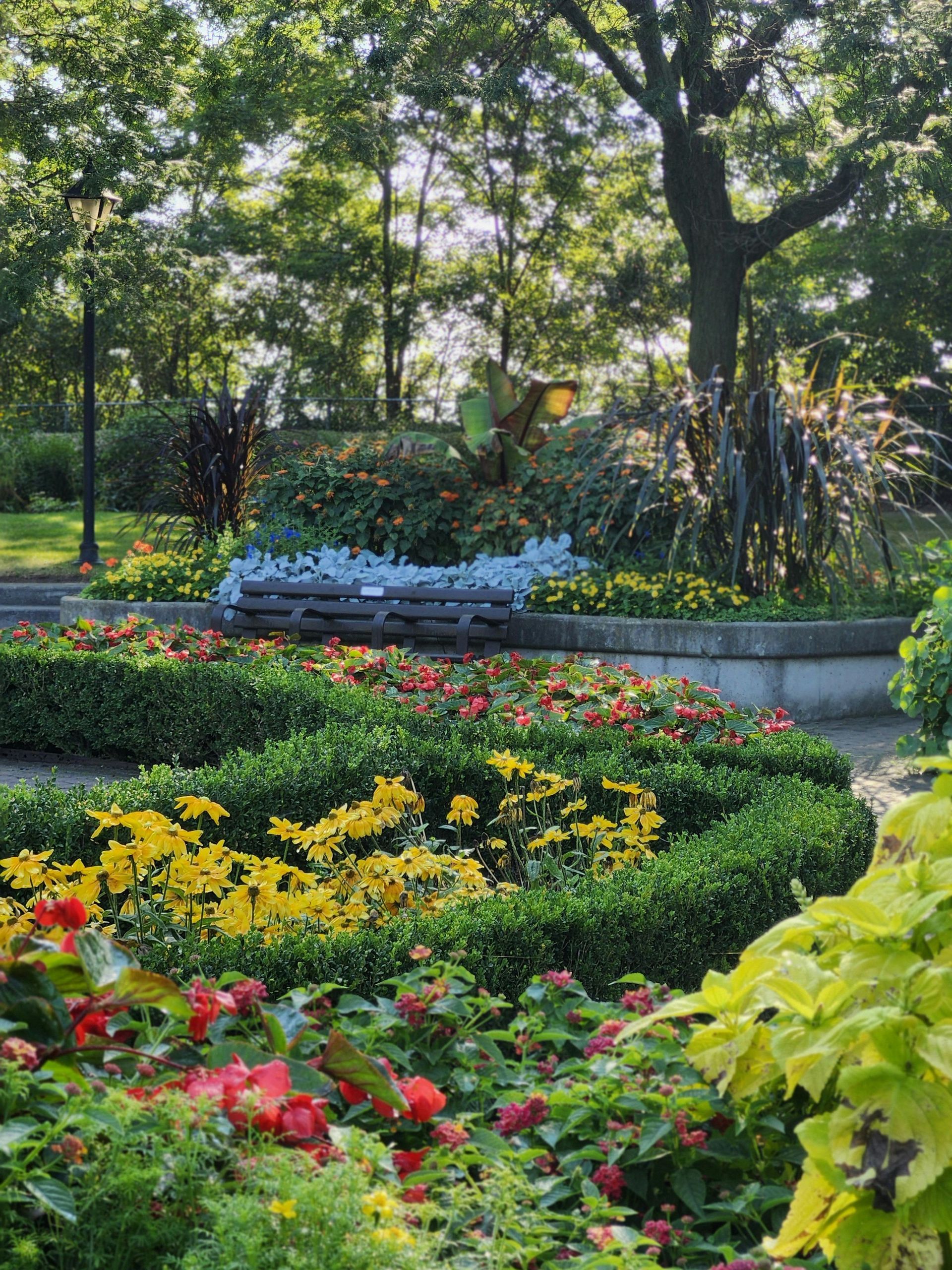 Colorful flower beds in a lush park garden with trees and a stone bench