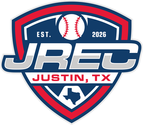 JREC baseball logo in red, white, and blue with “Justin, TX” and “Est. 2026” around a baseball shield
