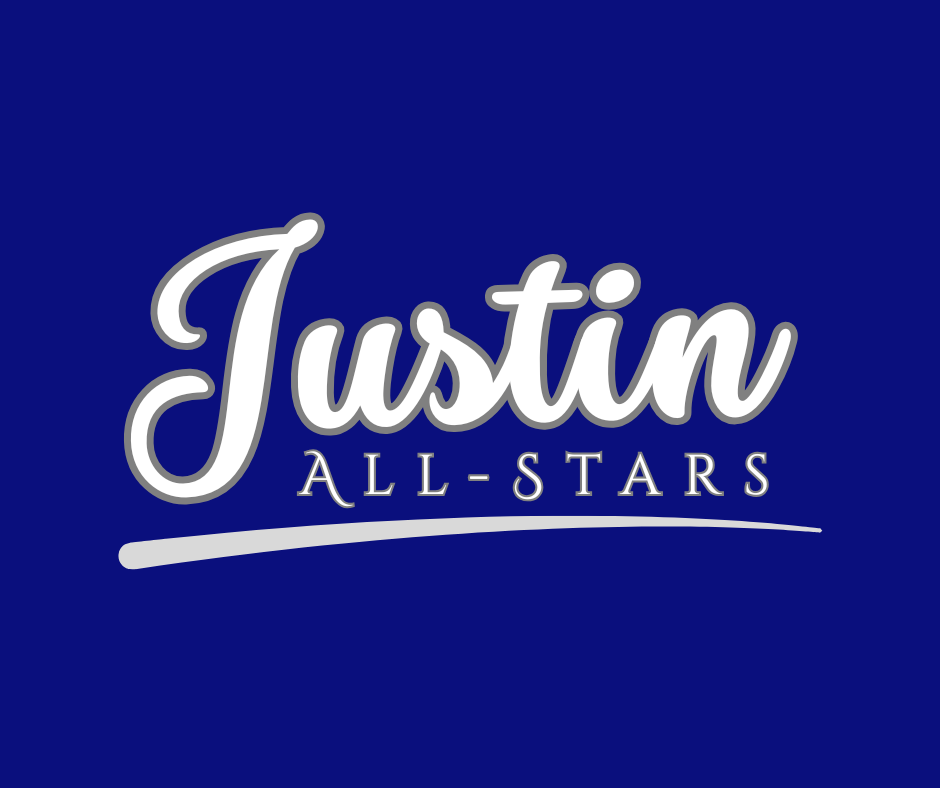 White “Justin All-Stars” logo on a blue background with a curved underline