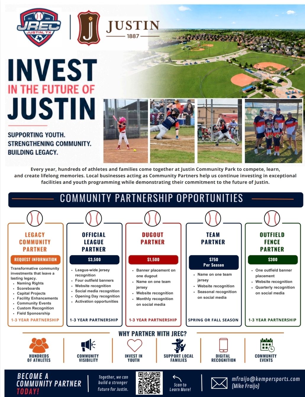 Poster for JREC youth sports league sponsorship levels, with logo, text, and soccer player graphic