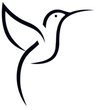 Black hummingbird in flight, stylized line drawing.