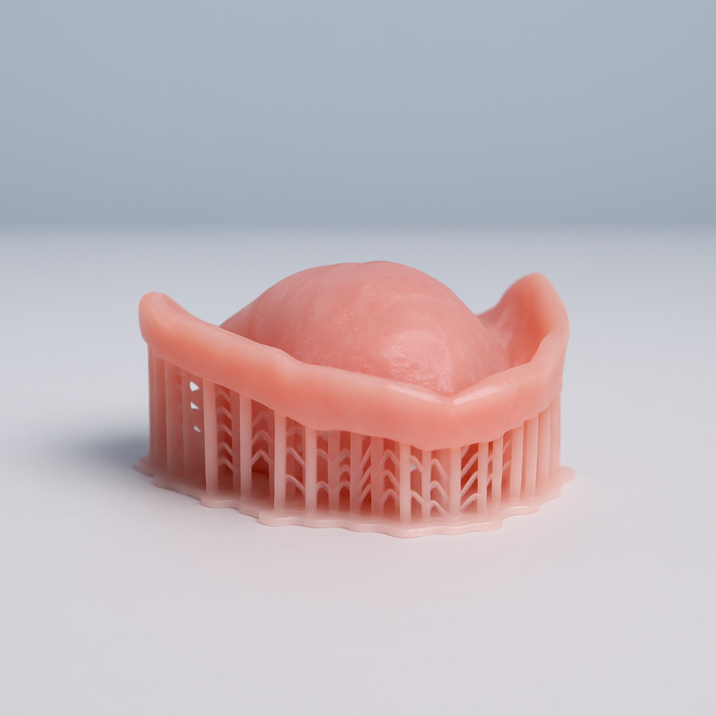 Pink 3D-printed dental arch model with a rounded gum-like center on a white background