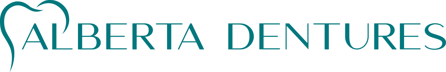 Alberta Dentures logo with teal stylized tooth and black text on a white background