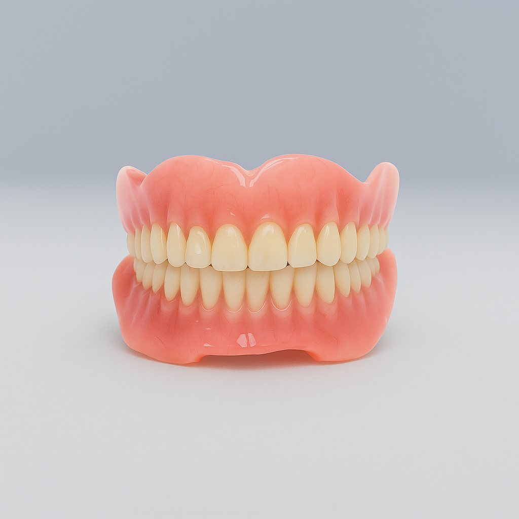Pink and white dentures on a plain light gray background