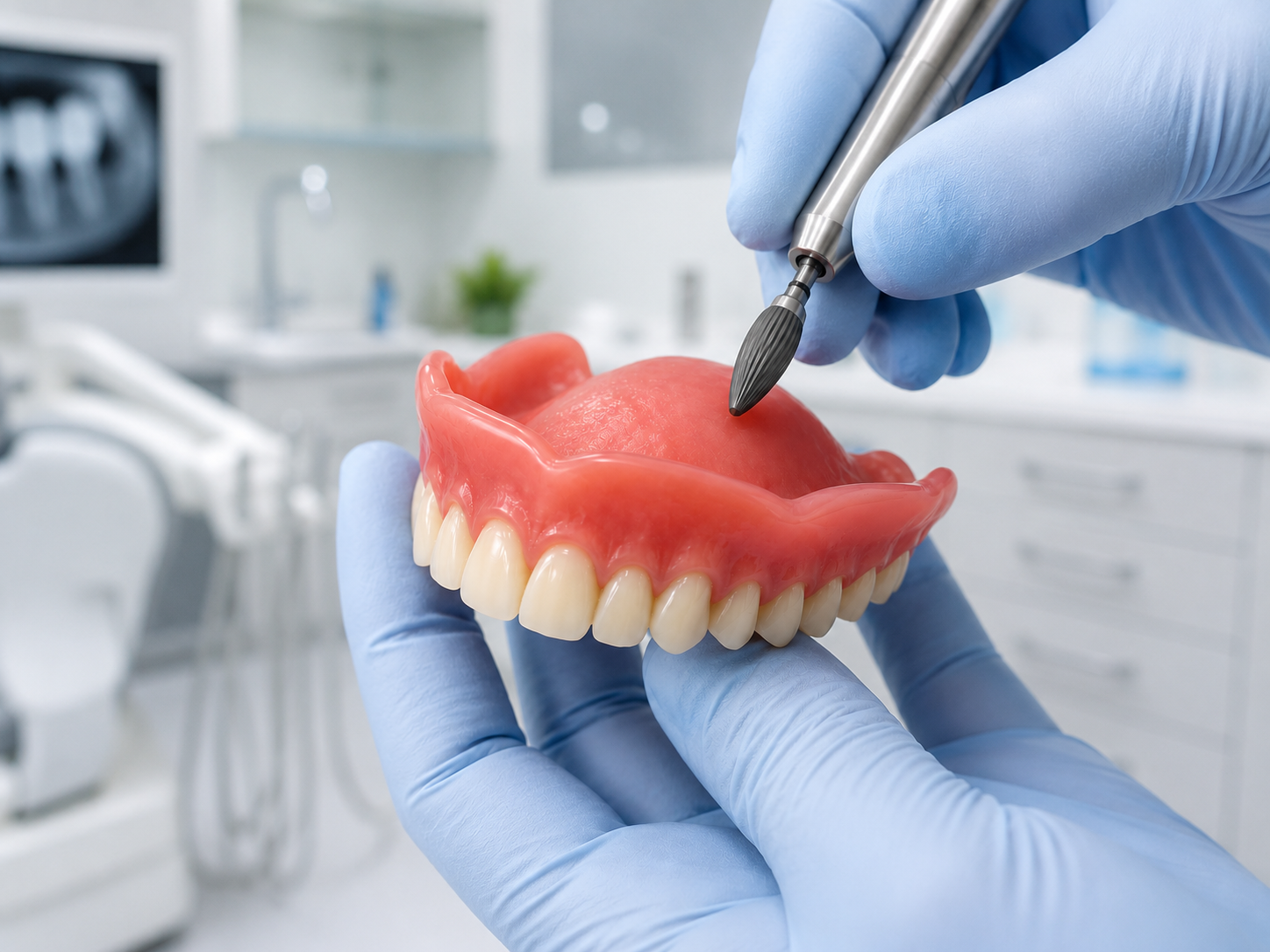 Dentist pointing at teeth on a screen during a consultation in an office.
