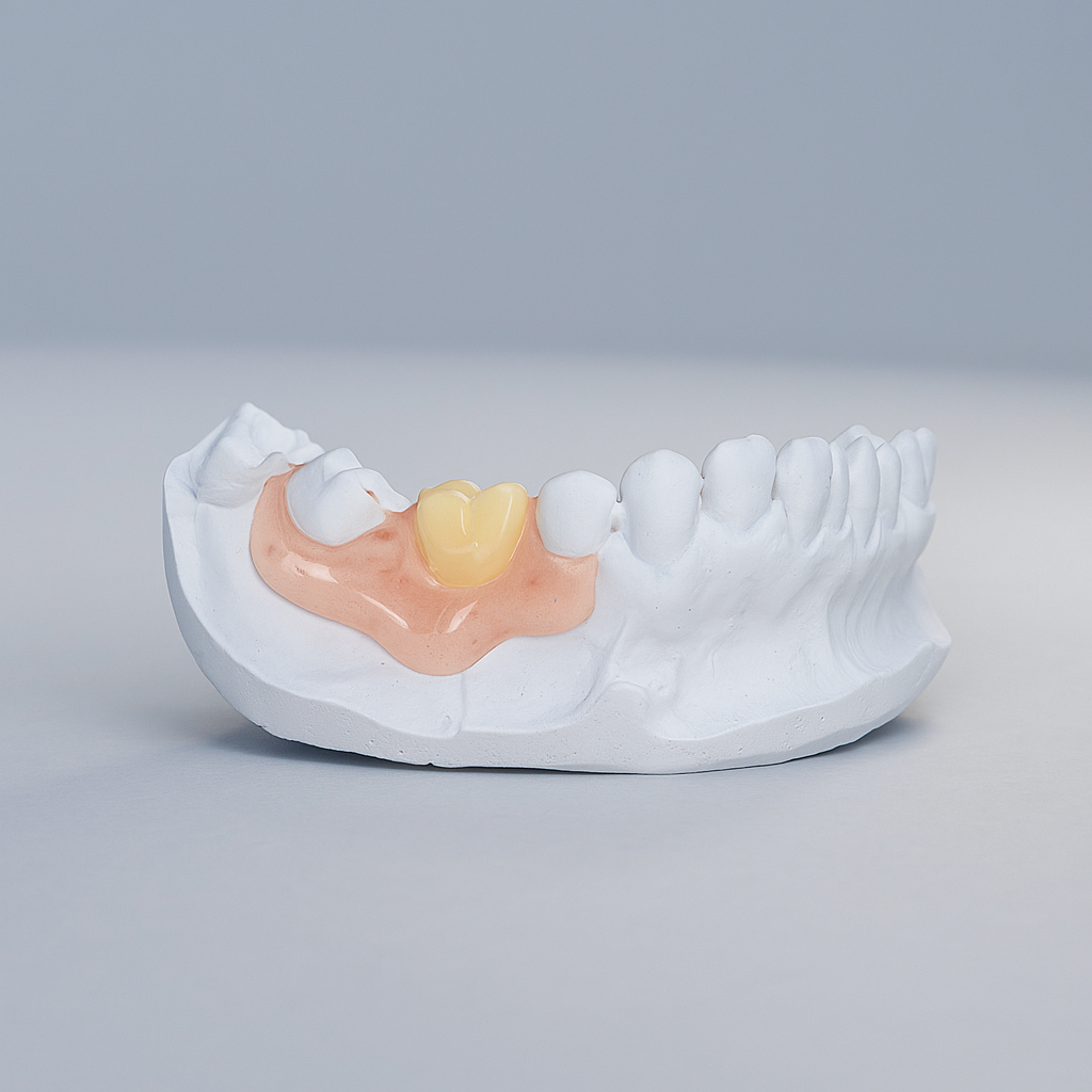 Dental model with white teeth and pink gums on a gray background