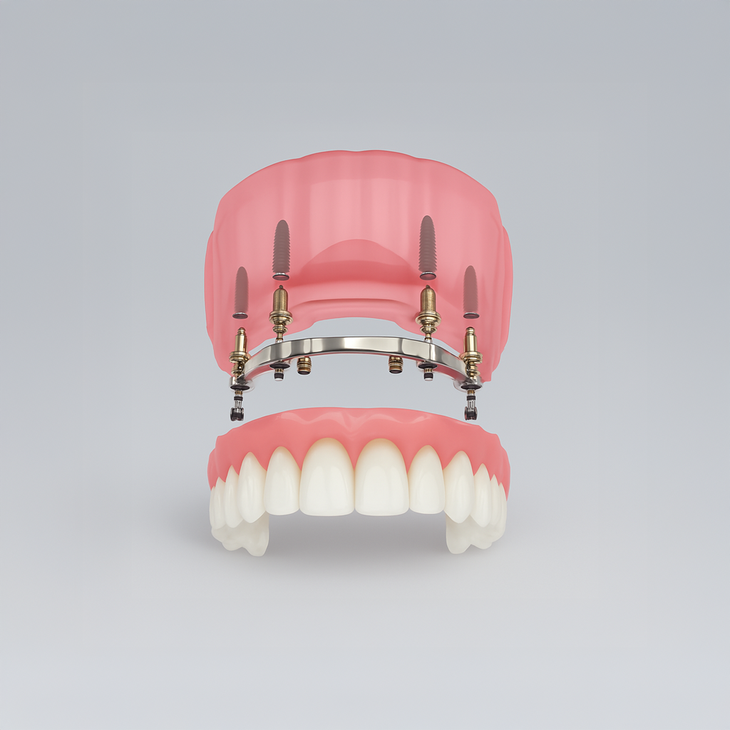 Pink upper and lower dentures with metal implants on a light gray background