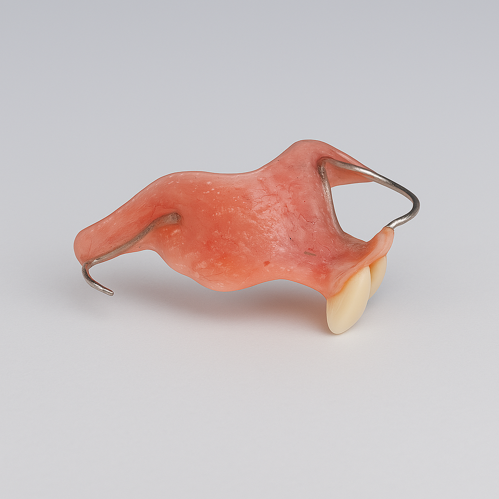 Small red-orange ceramic sculpture with a black wire loop and pale base on a light background
