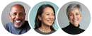 Three people in colored circular backgrounds, with purple, blue, and light beige.