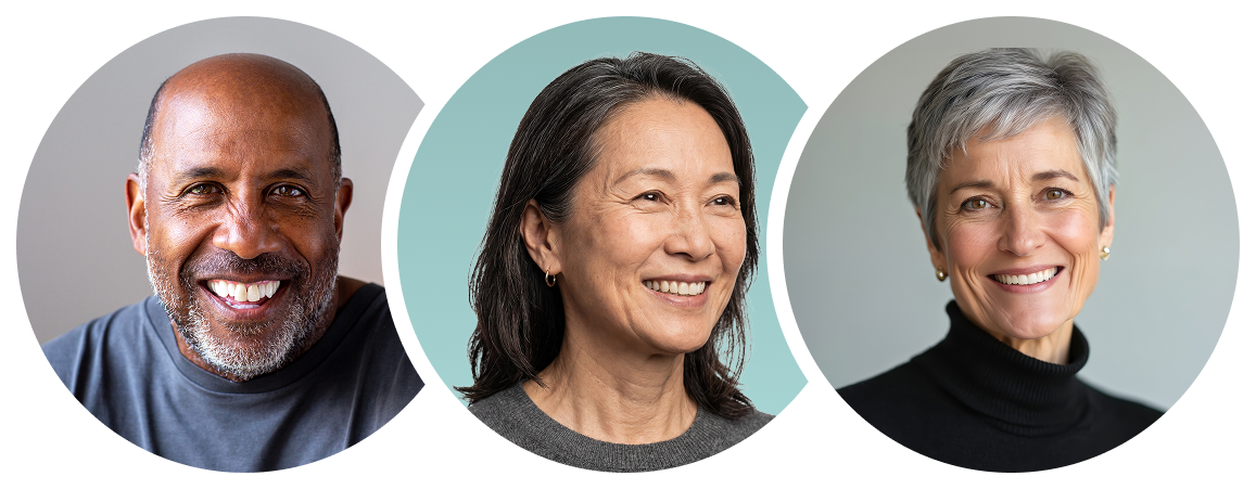 Three people in colored circular backgrounds, with purple, blue, and light beige.