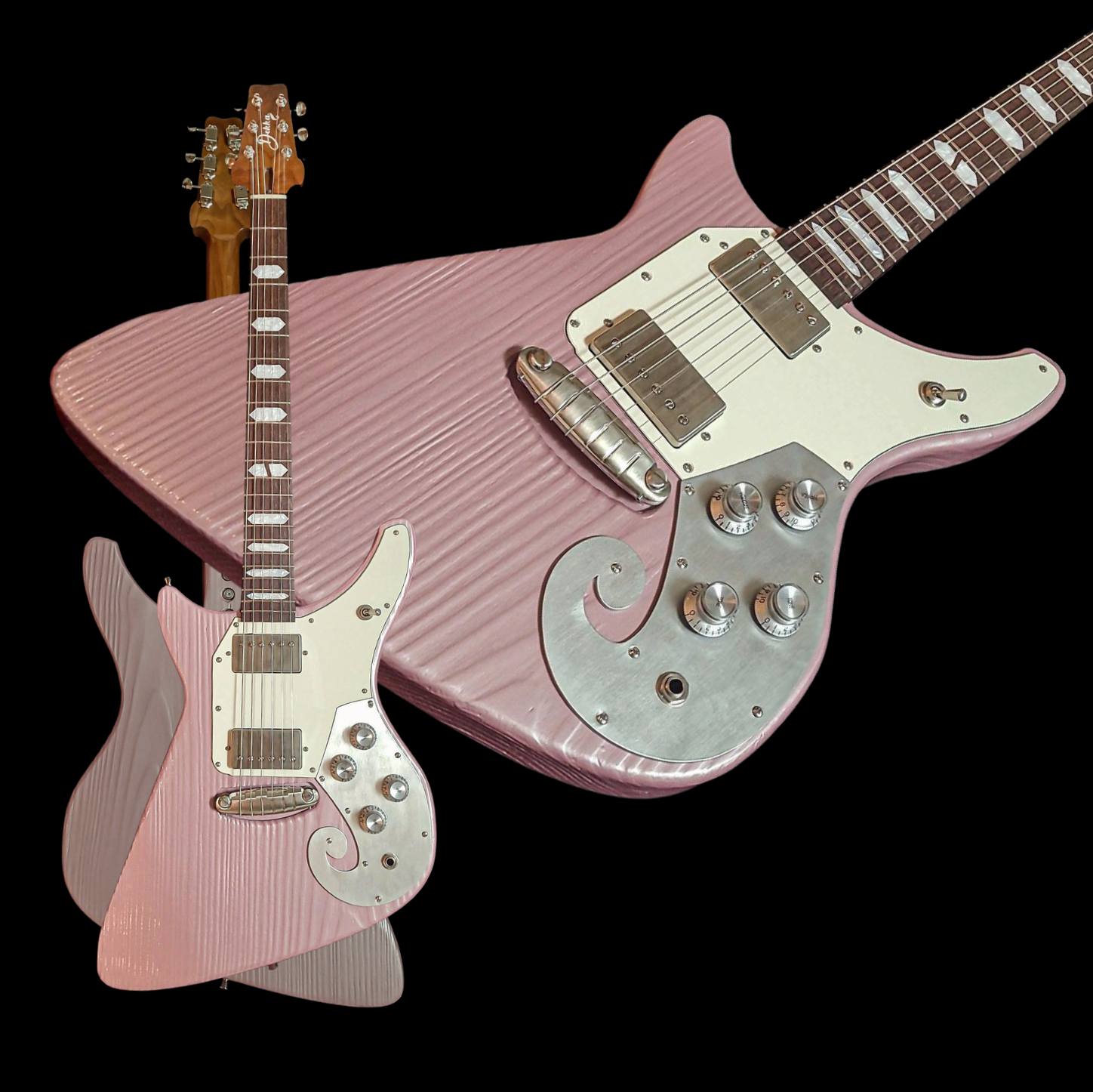 Two pink electric guitars with pearloid pickguards, shown on a black background.