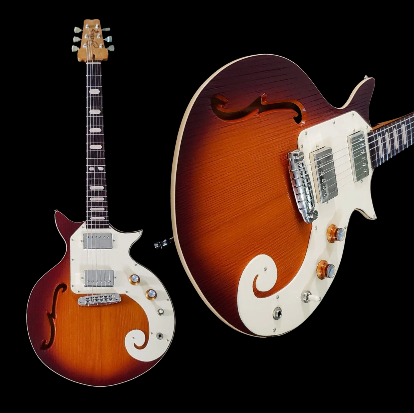 Two sunburst electric guitars with white pickguards, shown front view on a black background