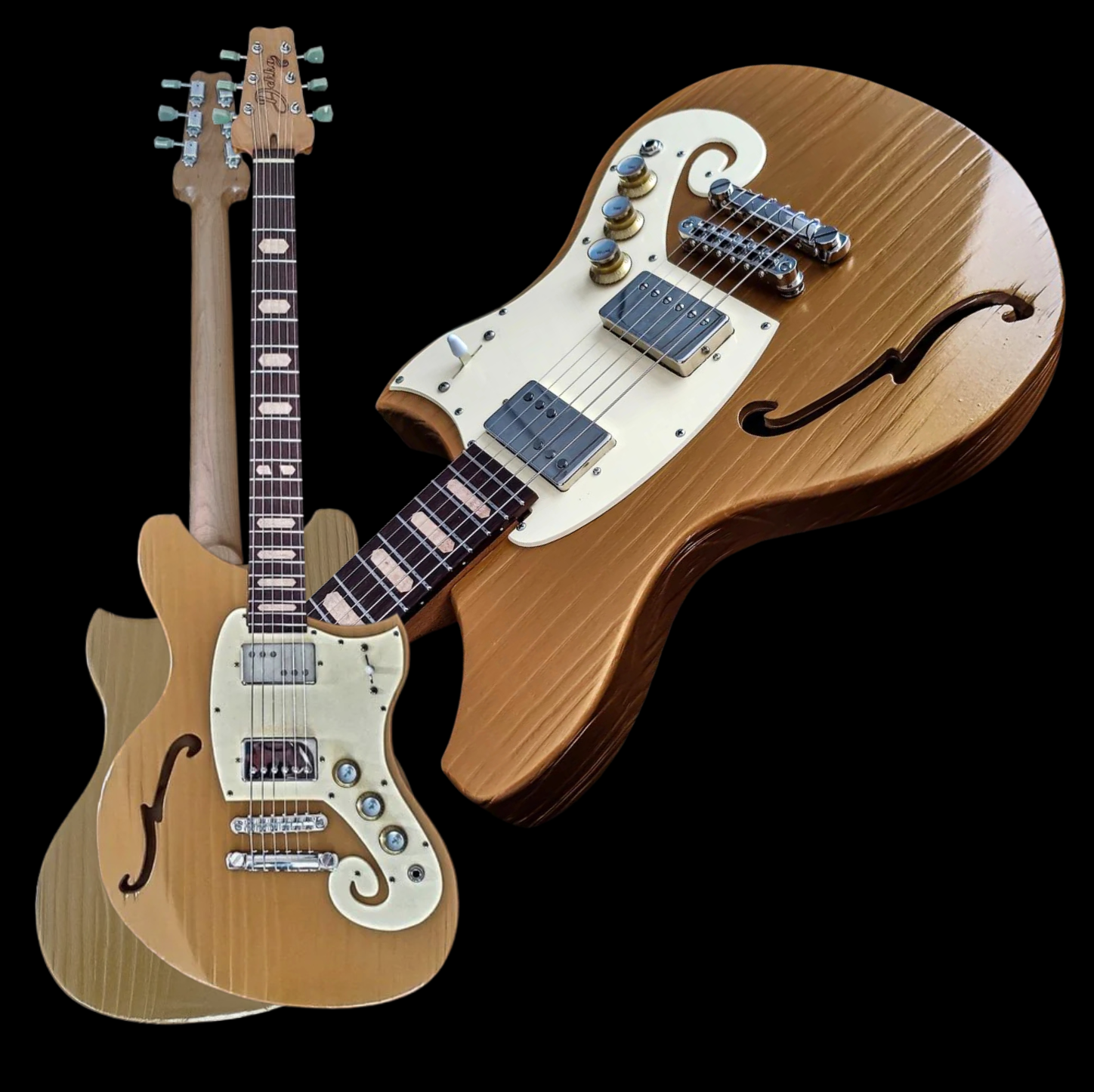 Two electric guitars with cream pickguards and sunburst wood grain on a black background