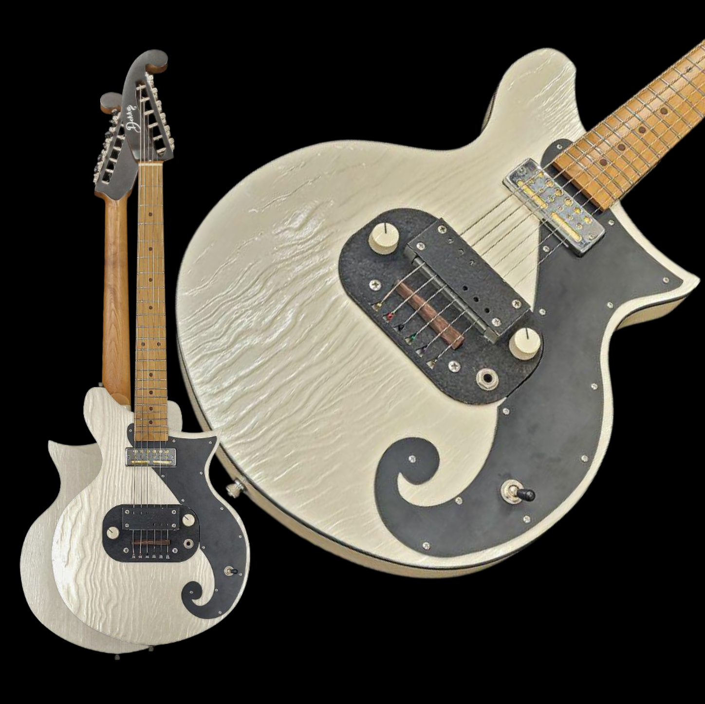 Two black-and-cream electric guitars with ornate swirling bodies on a black background