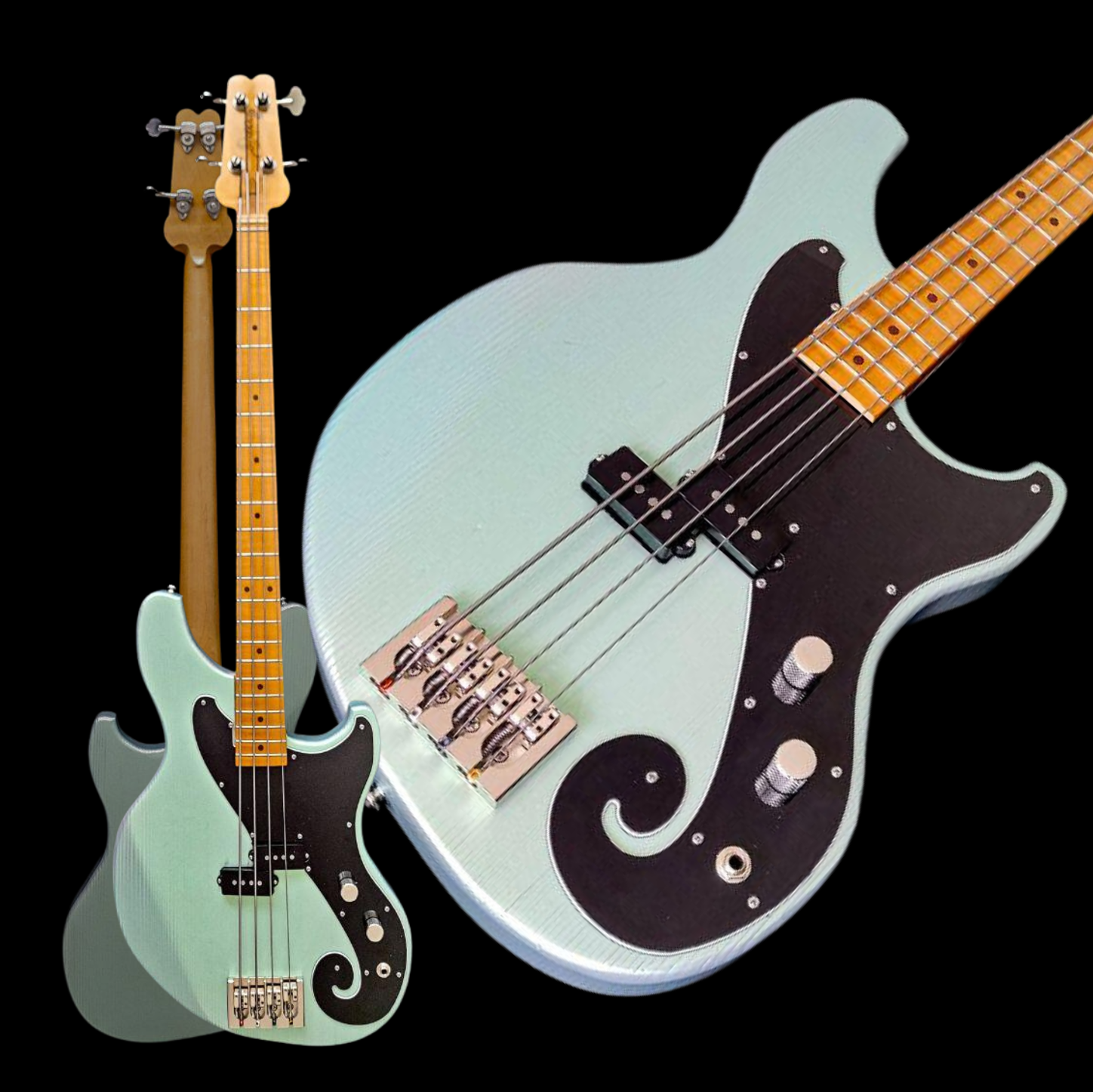 Mint-green electric bass guitar with black pickguard, shown in full and close-up views on black background
