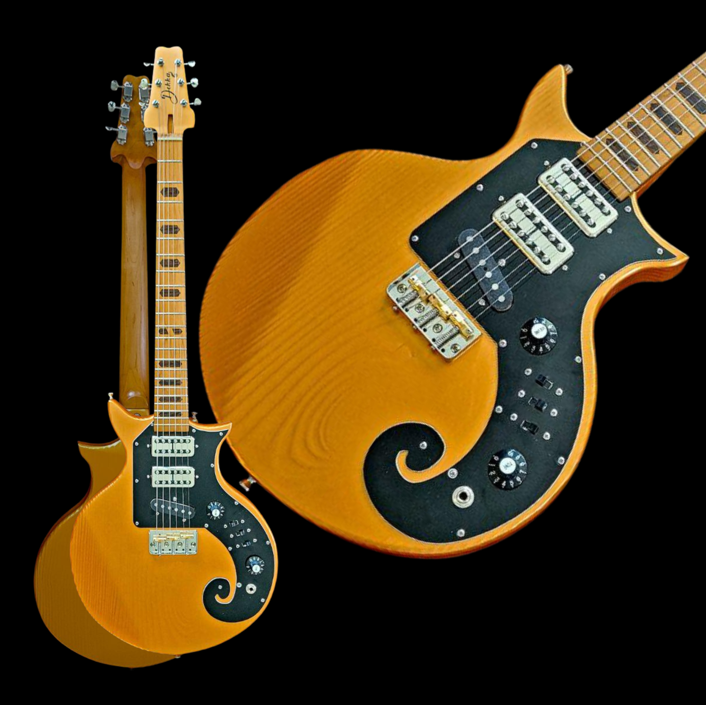 Orange electric guitar with black pickguard, shown front and back on a black background
