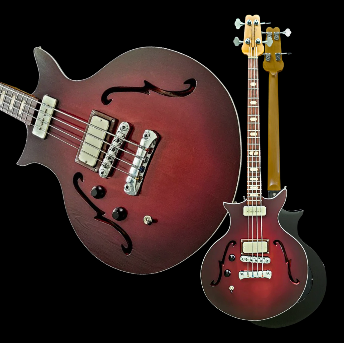 Two maroon semi-hollow electric guitars on a black background, one close-up and one full view