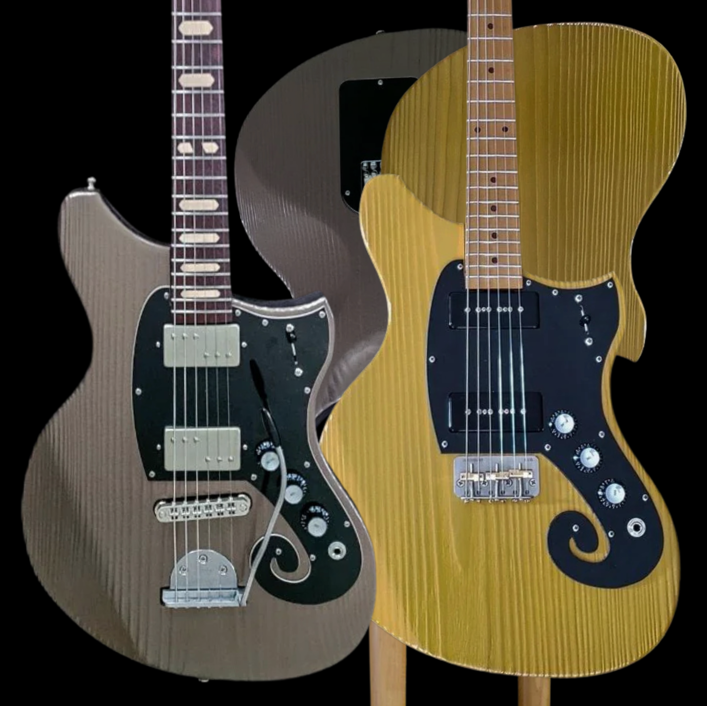 Two electric guitars with black pickguards, one gray and one yellow, displayed side by side against a dark background