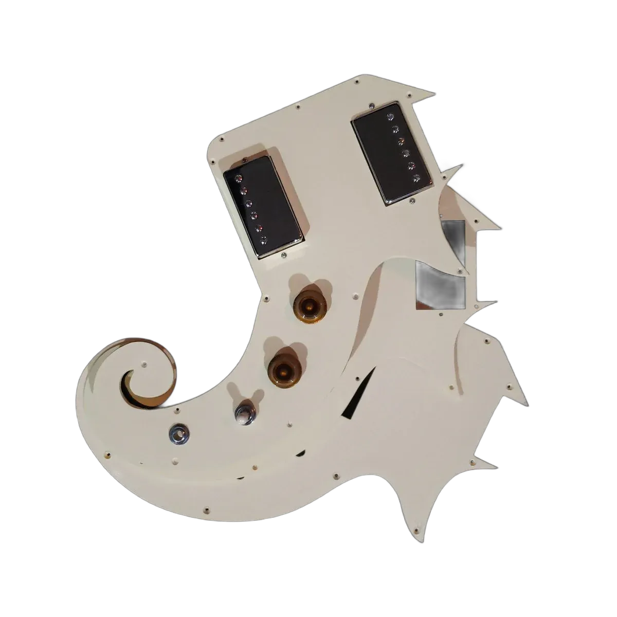 White metal mechanical part with curled ends and black vents on a plain background