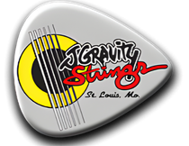 Tornado Stirr logo on a silver guitar pick with yellow, black, red and gray accents; St. Louis, Mo.