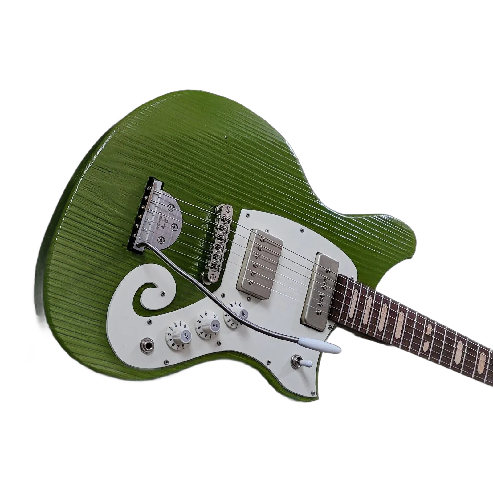 Green electric guitar with white pickguard and patterned neck on a white background
