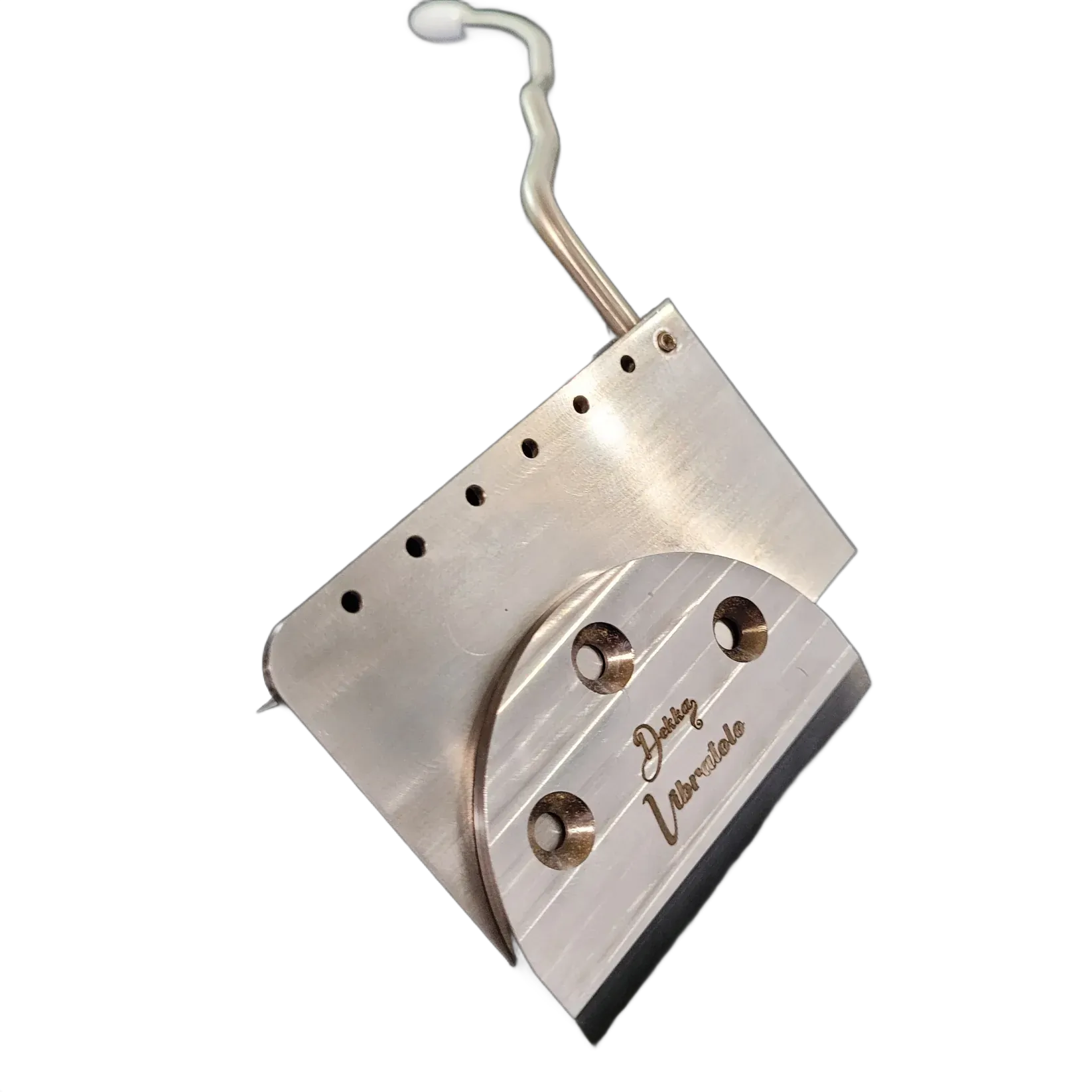 Stainless steel pizza cutter with hanging hook and perforated handle, shown on white background