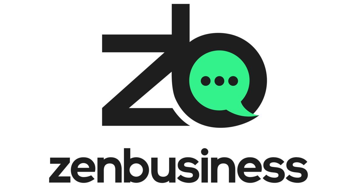 ZenBusiness logo with black wordmark and green chat bubble icon