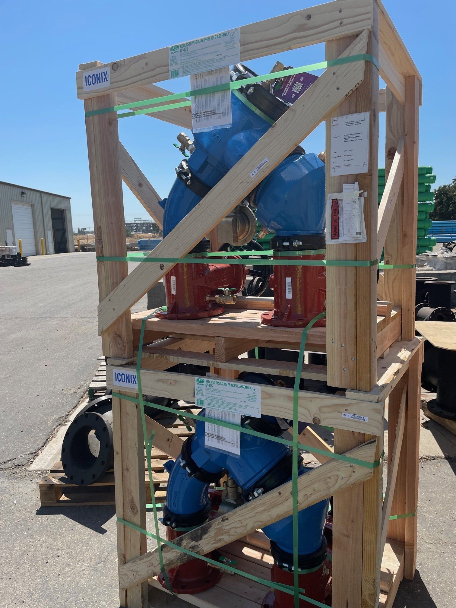 A wooden crate with a blue object inside of it