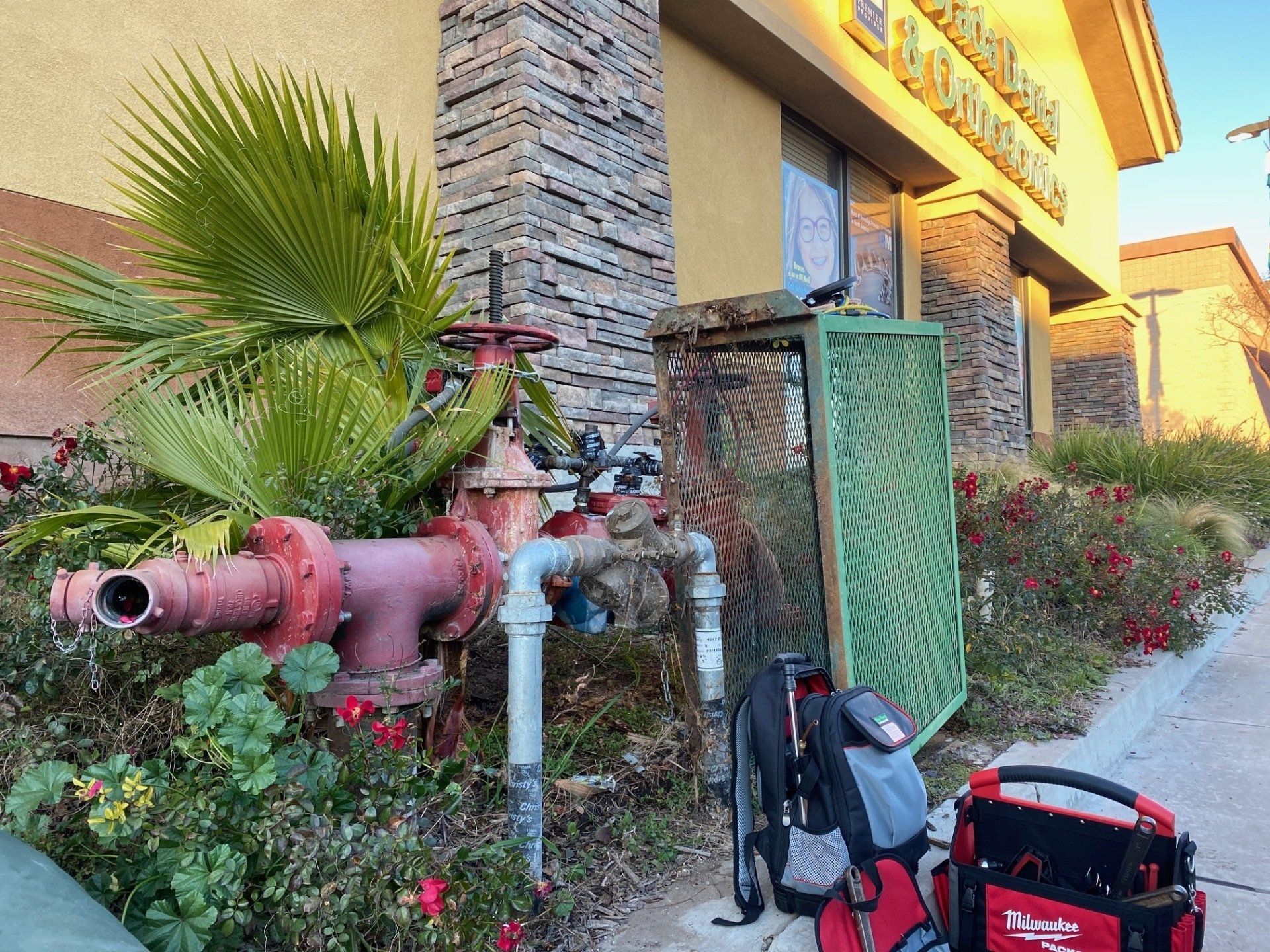A red fire hydrant is sitting in front of a building.