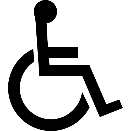 A black and white silhouette of a person in a wheelchair.